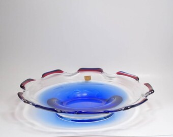 Vintage Signed Bohemian Czech Republic Hand Made Rubin Glass Footed Bowl, Czech Rubin Glass Art Glass Centerpiece Bowl, Czech Bohemian Glass