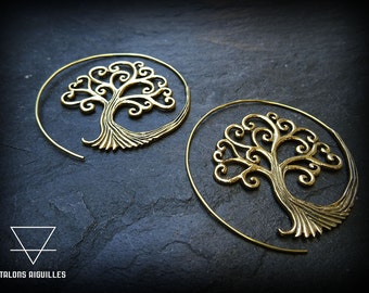 Boucles d'oreille spirale, en laiton # tree of life earrings # tribal hoop earring # brass # boucles arbre de vie 55-717