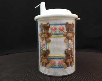 Personalized Handmade Cross Stitch 5 oz. Baby Sippy Cup with Happiness is Full Tummy and Teddy Bear Block