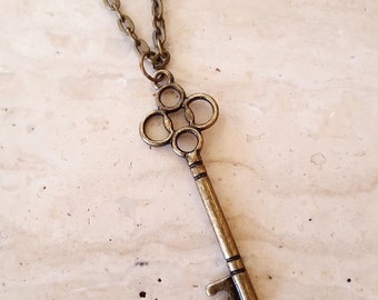 Key Necklace, Skeleton Key Necklace, Layering Necklace, Key Charm, Antique Brass Key Necklace