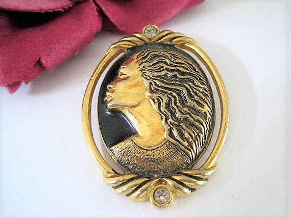 Coreen Simpson Brooch, Regal Beauty Collection, Black Woman Cameo, Rhinestone Enhanced,