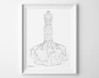 Custom Wedding Gown Illustration, Bridal Gown Illustration, Gown Portrait, Bride Gown Drawing, Wedding Dress Illustration