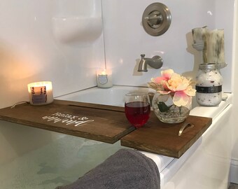 Bath Caddy Bath Board Relaxation Gift Bath Tray Handmade Wooden Bathtub Caddy Spa Mothers Day Rustic Book Lover Wine Gift For Her