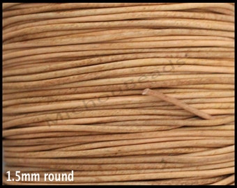 5 Yards - 1.5mm Distressed NATURAL Round Genuine Natural LEATHER Cord - 15 Feet Indian Boho Leather Cord By the Yard - Instant Ship - USA