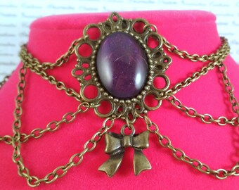 Handpainted purple stone and bronzechain choker necklace gothic victorian steampunk