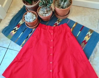 Vintage 70s Red Skirt A-line button down with front pockets