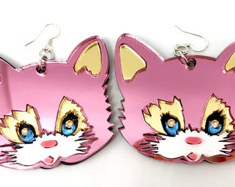 Big Pink Cat Earrings, Large Acrylic Earrings, Pink Kitty Earrings, Cat Face, Cat Dangle Earrings, Oversize Earrings, Kawaii Cat Harajuku