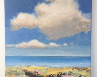 Sunshine and Clouds - Original Landscape Painting of Sky Cloud Ocean 8x8 Water Rocks Zen