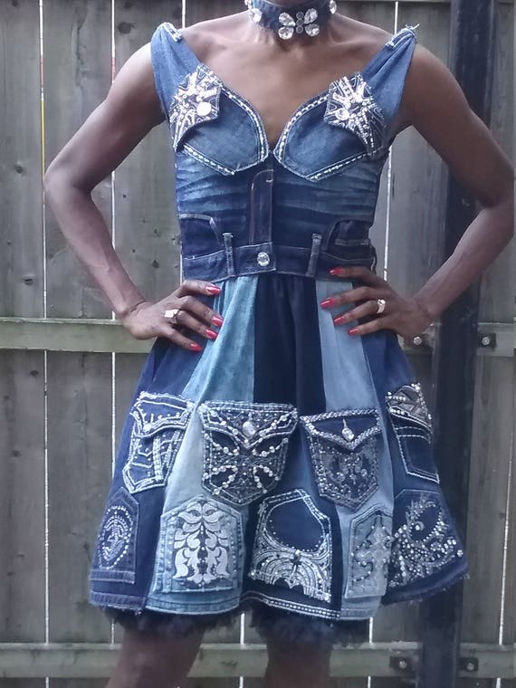 Upcycled Denim & Diamond embellished blue jean dress