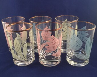 REDUCED: Set of Six Mid Century Juice Glasses with Tulip Design - 2 of Each Color Yellow,Pink,Blue-Retro Kitchen - Pastel Breakfast Glasses