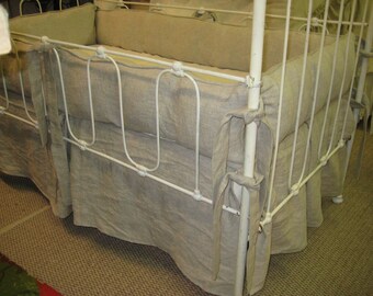 TWINS CRIB BEDDING-Pair of Tailored Crib Bedding Sets-Oatmeal Washed Linen Crib Bedding Sets-Pleated Crib Skirts-Tailored Bumpers