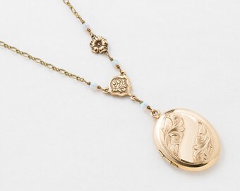 Locket Necklace, Antique Locket Pendant with Flower & Leaf Engraving in Gold Filled with Opal and Flower Charm, Vintage Jewelry, Womens Gift