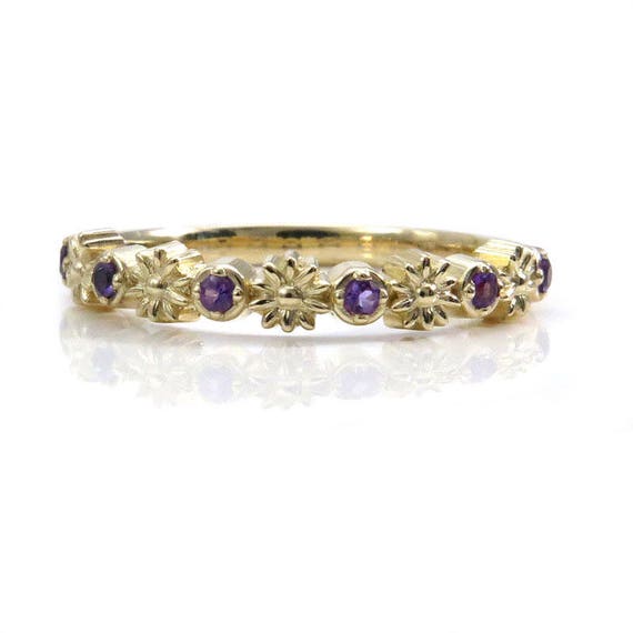 Gold Daisy and Amethyst Half Eternity Ring - 14k Gold Flower Wedding Band