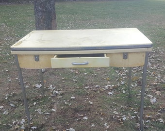 Vintage Porcelain Enamel Kitchen Table, Planting Table with Silverware Drawer. Slide Out Drop Leaf Table Adjustable Farmhouse Table, Country