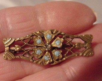 Very Old Bar Pin Filigree Design Blue Stones Delightful