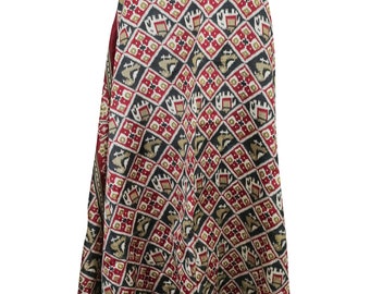 Vintage Silk Sari Wrap Around Skirt Printed Hippie Chic Summer Fashion Two Layer Sarong Dress