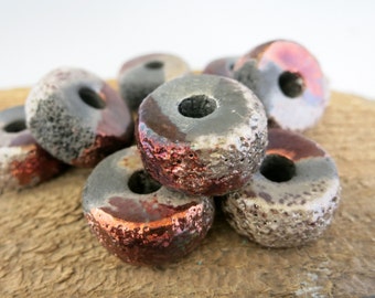 Mykonos Harlequin Raku Bead, 25x13mm Rough Edge Donut, Ceramic Bead with Copper Oxide finish, Made in Greece, MRPT25