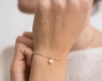 Double Wrap Dainty Initial Charm Bracelet, Delicate Chain Personalized Disk Bracelet • Tiny Disc in Gold Fill, Rose Gold, or Silver • LB220