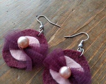 Pink felt, tulle and Pearl pierced earrings