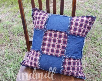 Americana Rag Pillow Cover, Patriotic Patchwork, Denim Home Decor, Windmill Country Threads