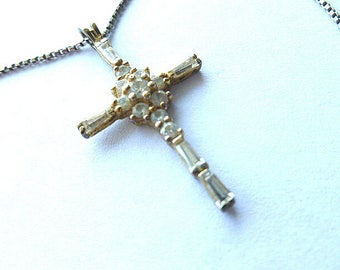 DESIGNER STERLING Simulated DIAMOND Cross, 925 Hallmrked Cross & Long 925 Sterling Silver Neck Chain, Crystal Cross Necklace, Estate Jewelry