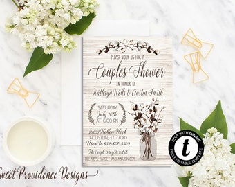 Couples Shower Invitation / Editable Couples Shower Invite/ Rustic Couples Shower Invitation /Cotton Boll Mason Jar Wedding Invitation