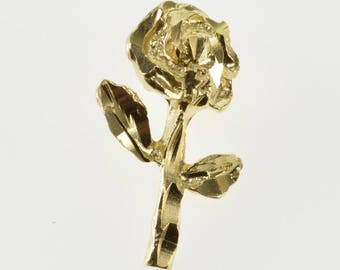 14K Diamond Cut Textured Stylized Rose Flower Pendant Yellow Gold
