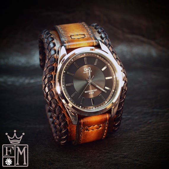 Leather cuff watch Tobacco sunburst wide layered laced edge Brown watch band cuff Bracelet Handmade for YOU in New York by Freddie Matara