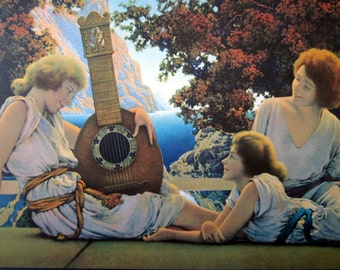 Maxfield Parrish, The Lute Players, vintage art lithograph print