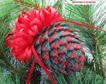 Fabric Pinecone Ornament - Red and Green Tartan Plaid - Stocking Stuffer, Christmas Ornament, Co-Worker Gift, Ornament Exchange Gift
