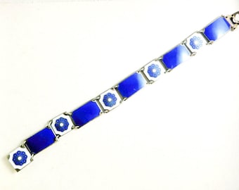 Vintage David Andersen Bracelet Blue Guilloche Enamel Norway Sterling Silver Flower Bangle