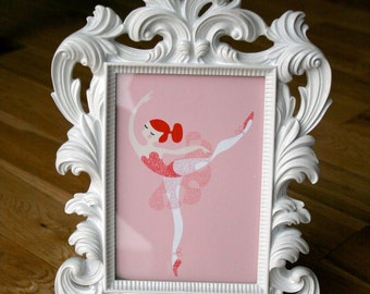 5X7" ballerina arabesque giclée print. pink and red. redhead.