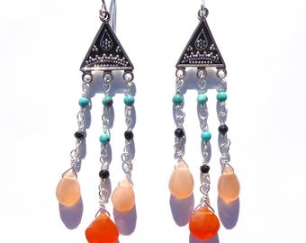 Multi Gemstone Chandelier Earrings, Carnelian Gemstone Earrings, Orange Gemstone, Peach Moonstone, Turquoise Chandelier Drop Dangle Earrings