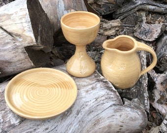 Golden Yellow Oak Leaf Communion Set Handmade Pottery by Daisy Friesen
