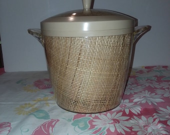 Mid Century Raffiaware Beige Ice Bucket with Lid
