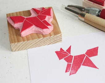 Hand-carved rubber stamp - Origami Fox