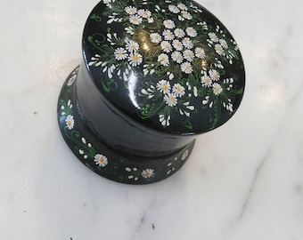 Cute Little Black with White Flowers Floral Jewelry Dish / Trinket Box