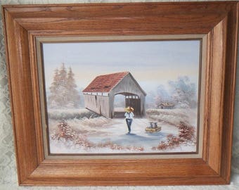 Vintage Original Oil Painting Country Scene with Covered Bridge, Cabin & Young Man, Wood Framed Rustic Decor
