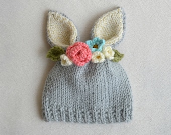 6 to 12 Month Bunny Flower Crown Hat - 6-12 Month Easter Hat- Flower Hat - Bunny Hat - Ready to Ship