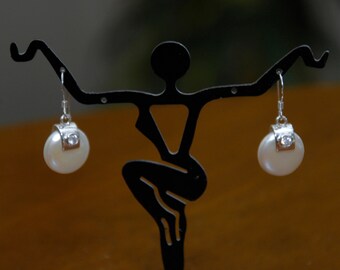 925 Sterling Silver CZ and High Luster 13mm White Coin Pearl Earrings