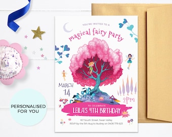 Fairy invitations Printable. Magical Fairy party invites, Fairy tale birthday invitations, Girl birthday invites pdf, Fantasy enchanted tree