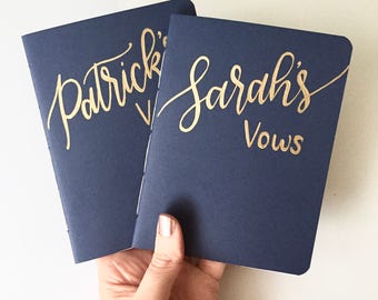 Custom Wedding Vow Books (Handmade, Hand Lettered, Personalized, Choose Colors, Shown in Navy and Gold, Set of 2, 5.5x4.25in)
