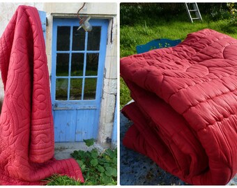 Vintage Antique 1900 French quilt boutis eiderdown bedspread dark red