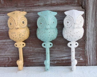 3 Owl Hooks, Owl Nursery Decor, Cast Iron Coat Hooks, Woodland Nursery, Baby Shower Gift, Owl Wall Hooks, Decorative Owl Decor