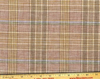 Glen Plaid shirting, subtle heather tones of brown cream tan blue, yarn dyed poly cotton blend Some texture