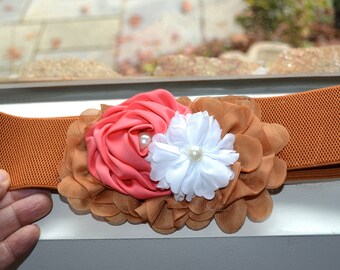 Flower cinch belt, Wide elastic stretch corset belt, Brown belt ,one size