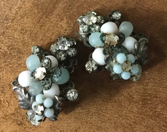 Stunning Signed Robert Rhinestone Glass Bead Floral Motif Earrings Clip On Sterling Silver Feminine Filagree Metal Tarnished Patina