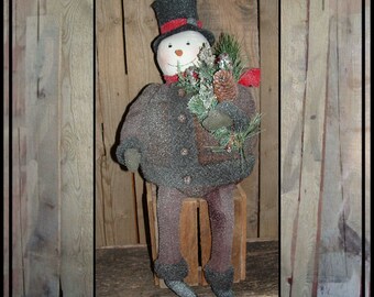 Round fat Folk Art snowman hand embroidered cloth nose wool patchwork top hat HAFAIR ofg faap lucys lazy dayz