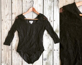 Vintage 90s black floral lace leotard