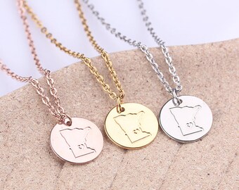 Tiny Minnesota Necklace, Minnesota Charm Disc Necklace, Silver USA State Jewelry, Long Distance Friendship